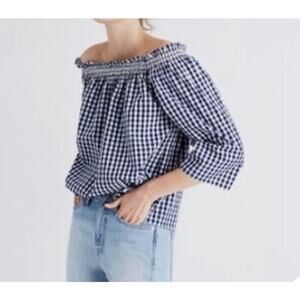 Madewell Smocked Gingham Off the Shoulder Navy and White Top‎ XS (2369)